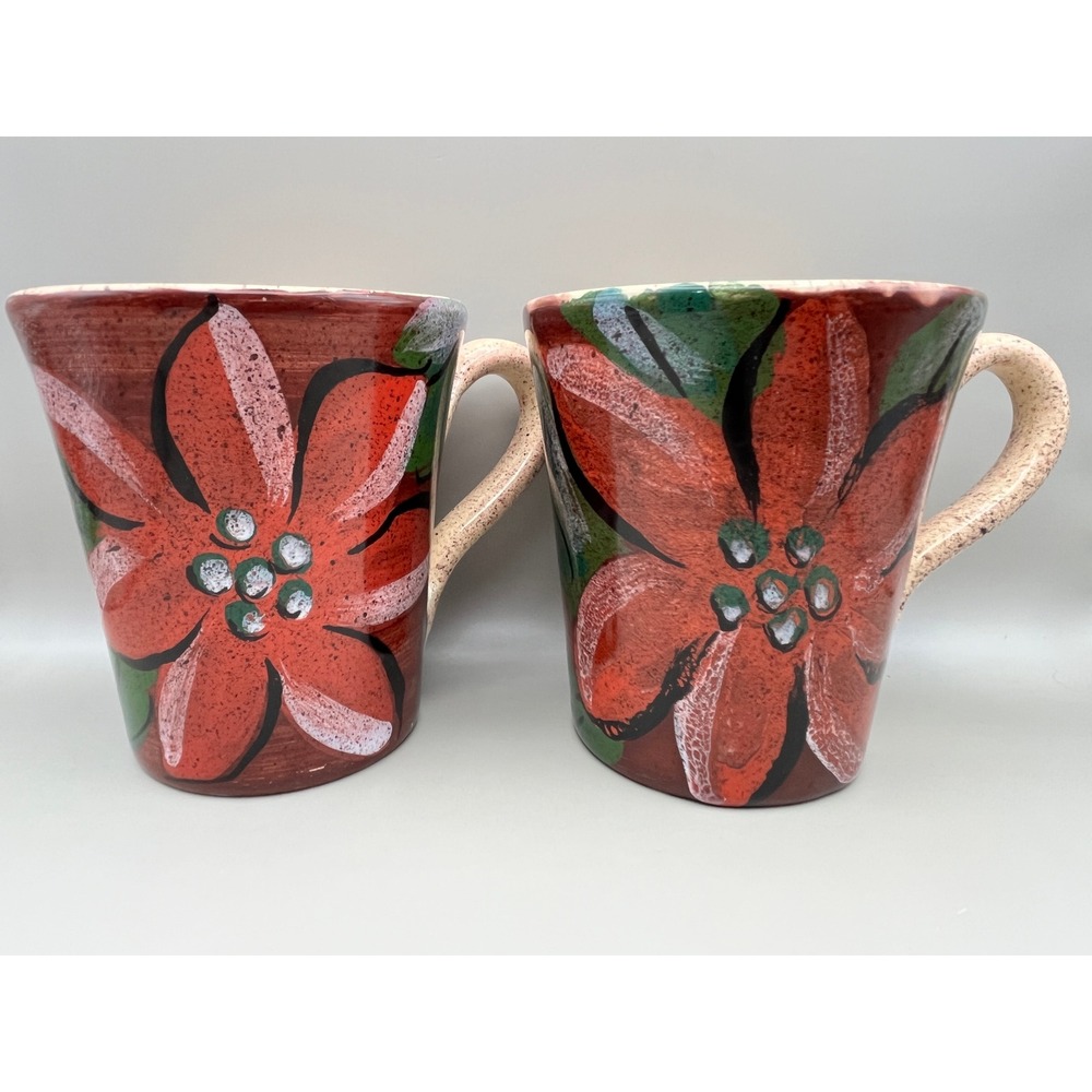 Hand Made in Italy Ceramic Poinsettia Mugs Set of 2 Red Green Floral Coffee Cups